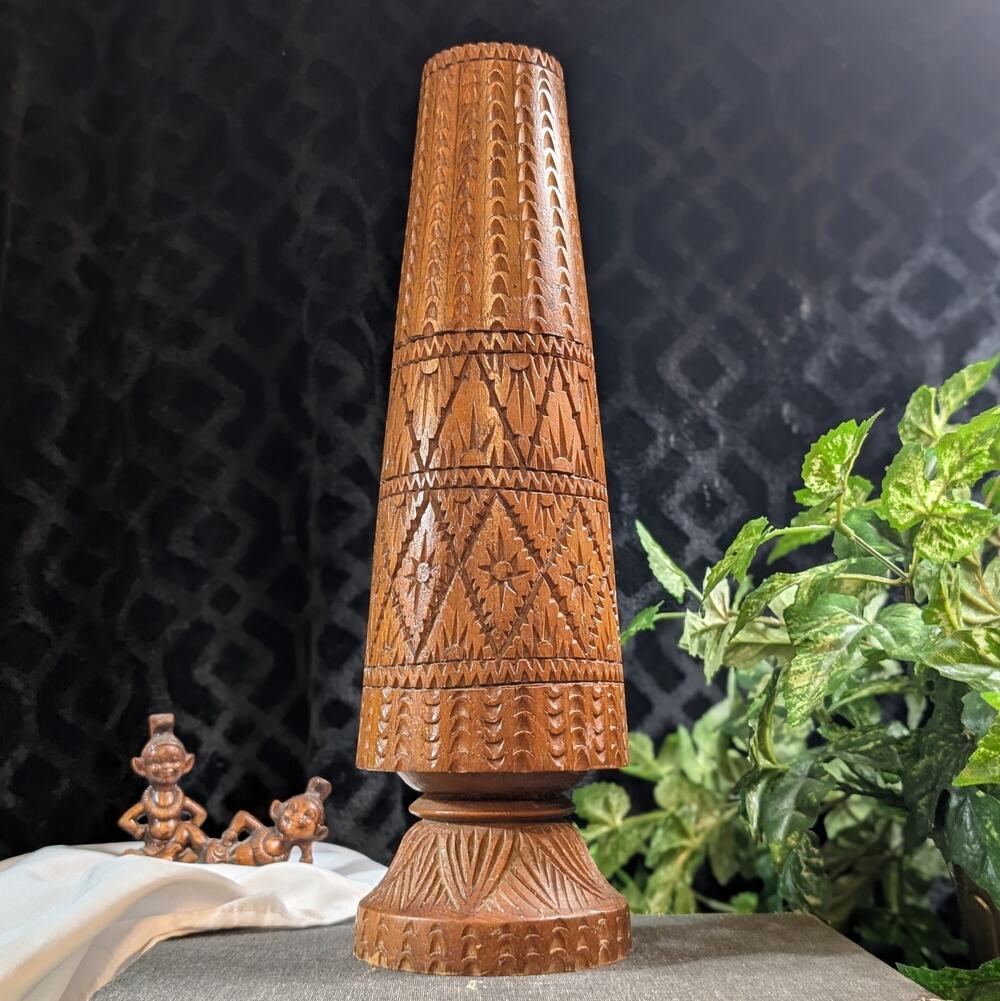 Vintage MCM 15" Carved Wooden Vase, Possible Thai, Mid Century Folk Art Dry Vase